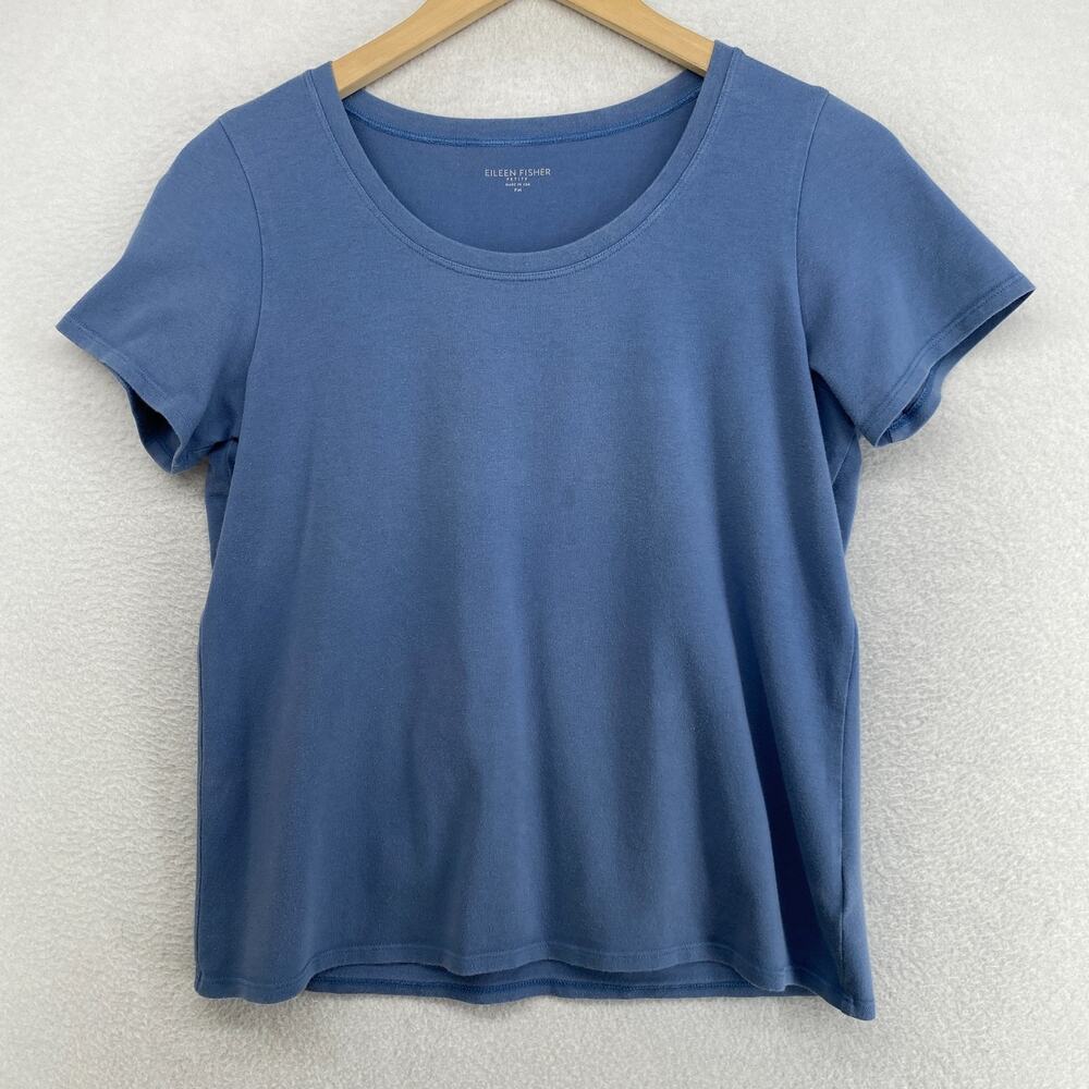 EILEEN FISHER Top PM Stretch Organic Cotton Scoop Neck Short Sleeve Blue USA